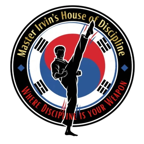 Master Irvin's House of Discipline badge: a high kick over the Korean flag, ringed by the school name and the motto Where Discipline Is Your Weapon.